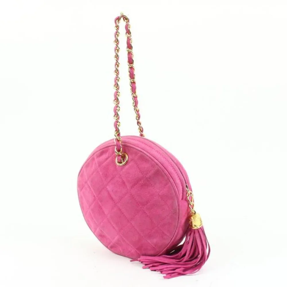 Chanel Hot Pink Quilted Suede Fringe Tassel Round Clutch on Chain88cz425s